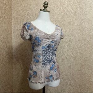 VTG Y2K 2000s Tan Cream Beige & Blue Paisley Floral Boho Hippie Top